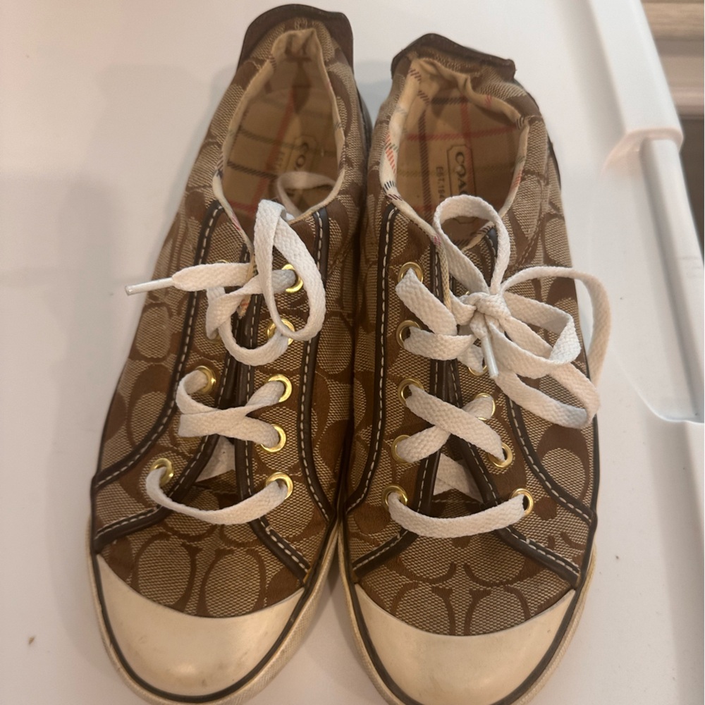 Coach Brown and Cream Canvas Sneakers